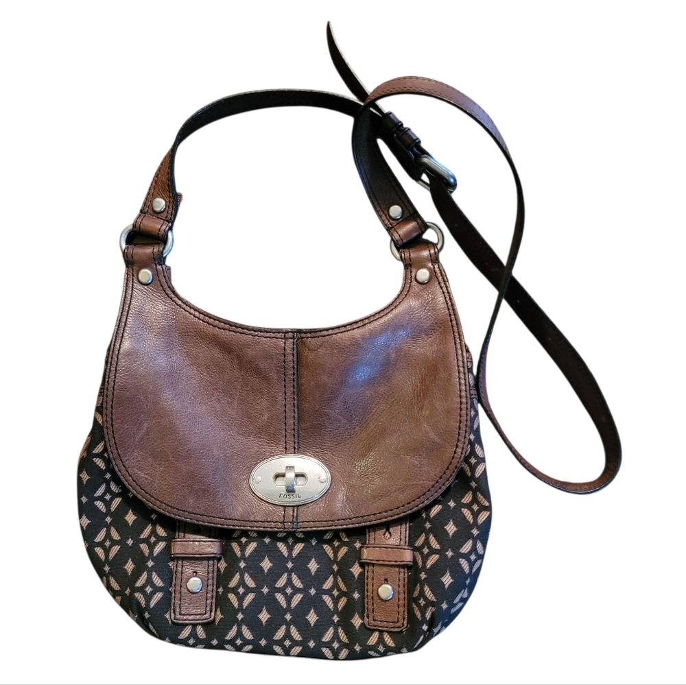 Fossil Maddox Brown Leather Pattern Tapestry Flap Turn Lock Crossbody Vtg Purse